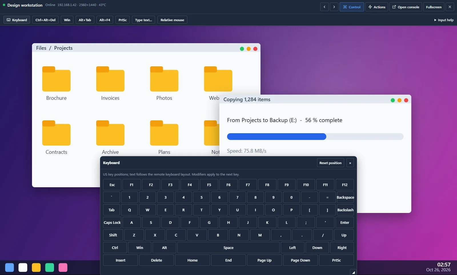 One machine live in the browser: its keyboard and mouse taken, and a keyboard on the screen.