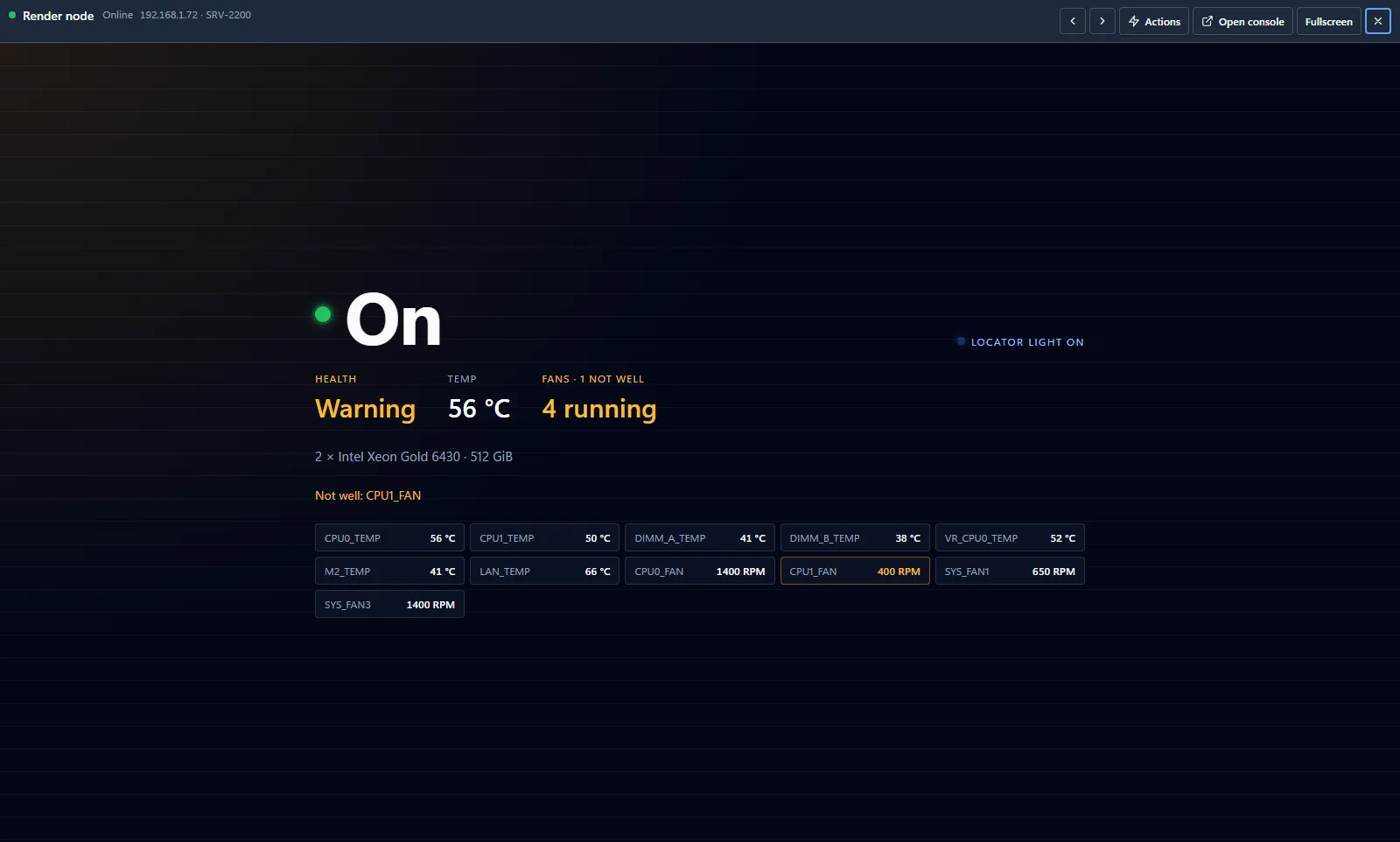 A server's own tile: switched on, a warning, its temperatures and its fans.