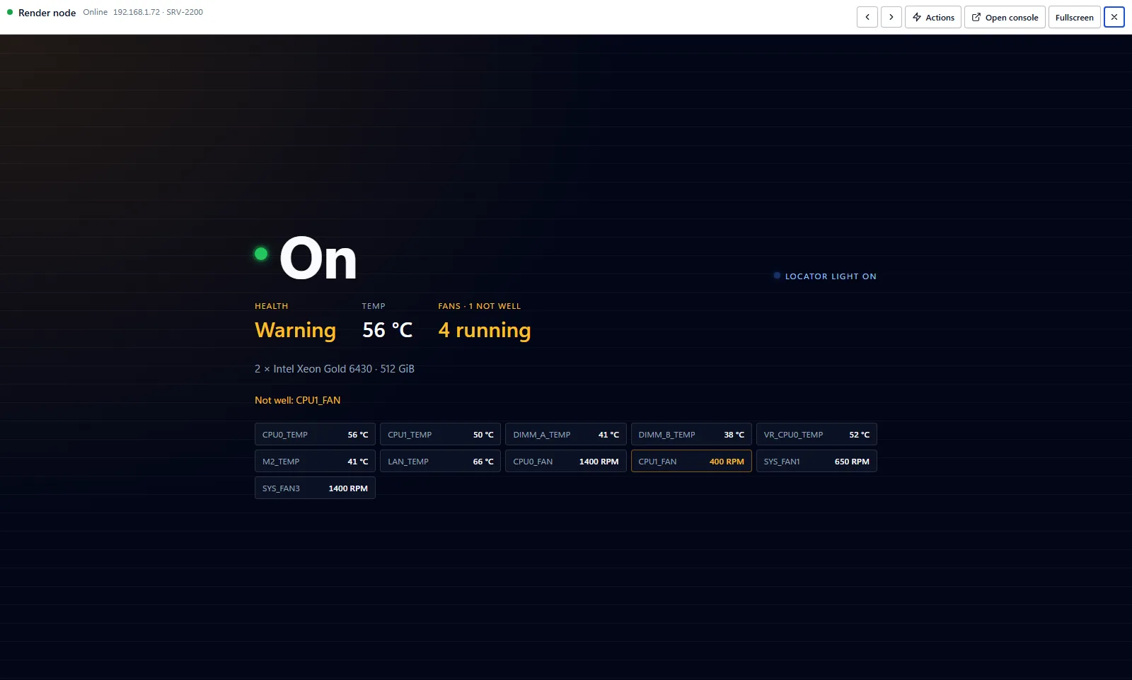 A server's own tile: switched on, a warning, its temperatures and its fans.