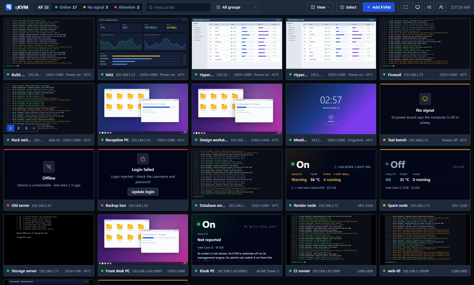 The wall: KVMs, servers, PCs and virtual machines with their live screens, their names and their state.