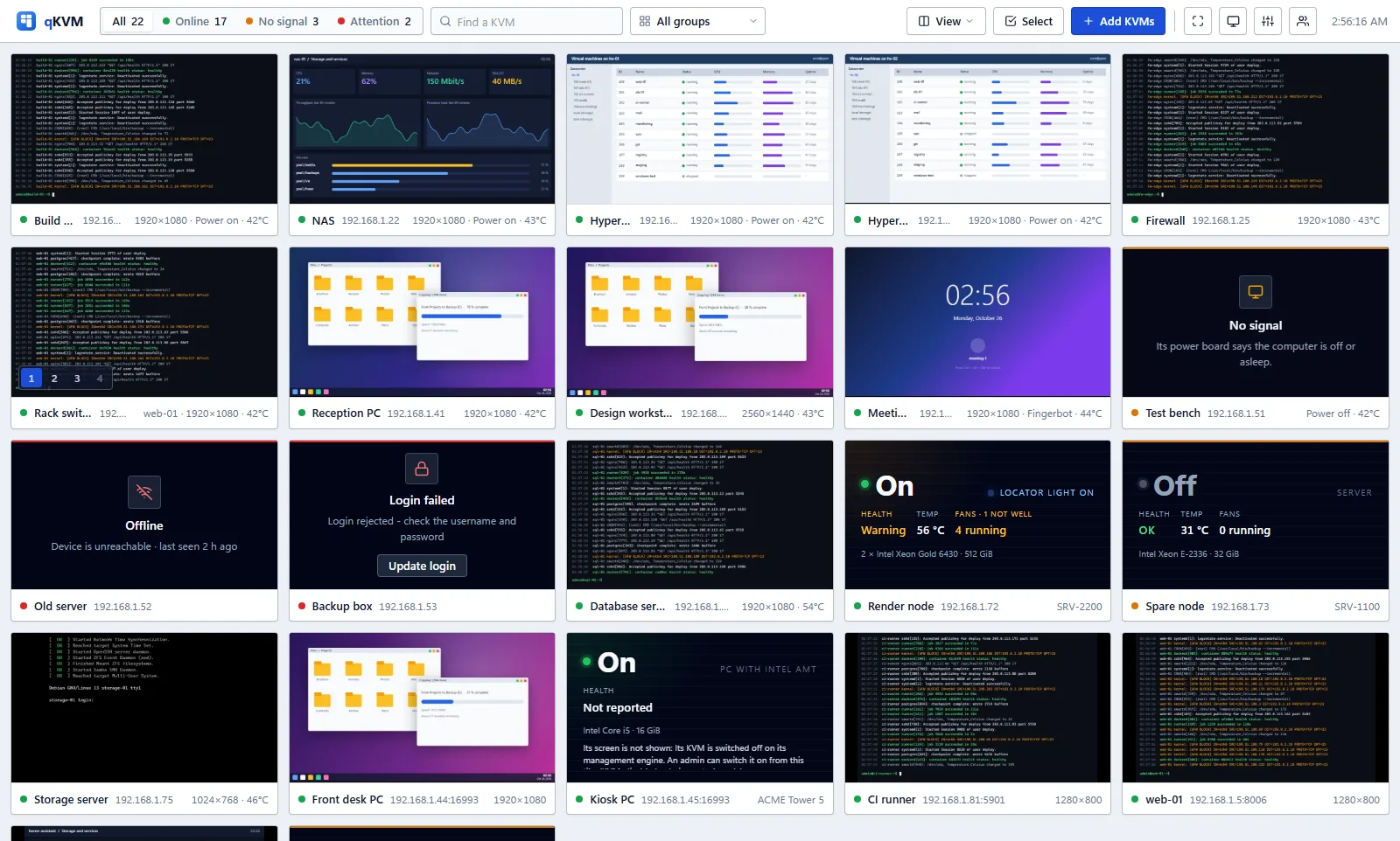 The wall: KVMs, servers, PCs and virtual machines with their live screens, their names and their state.